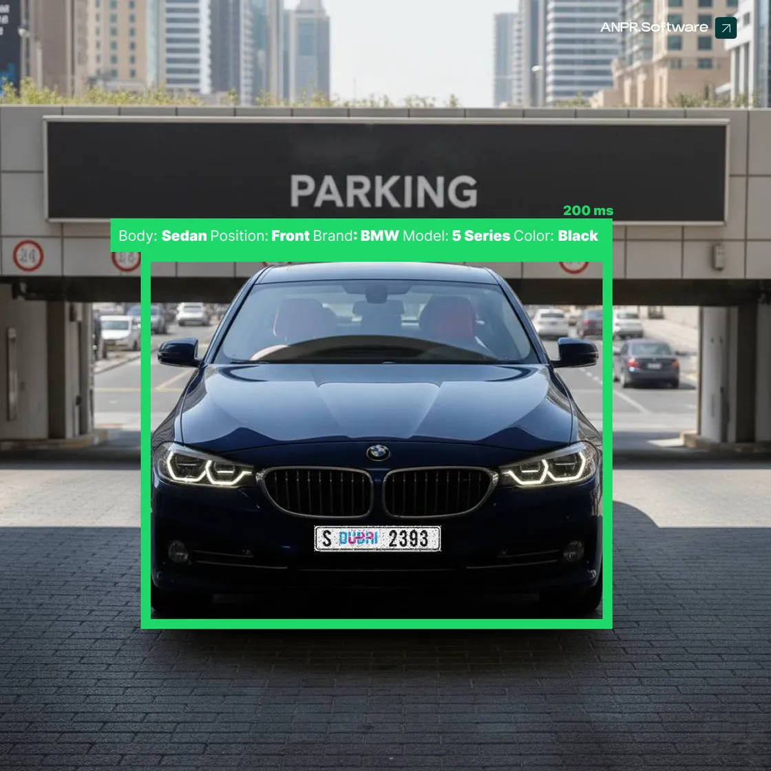 Car recognition API detecting a black BMW sedan from the front at a Dubai parking entrance, returning body type, position, brand and color