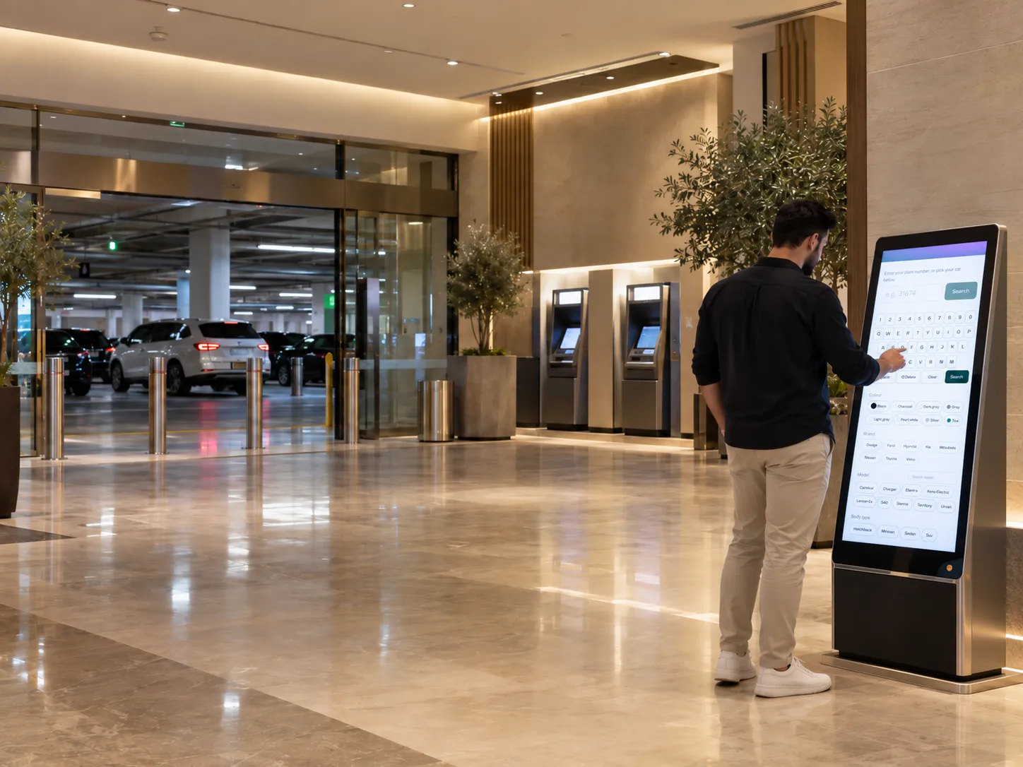 A visitor using the parking kiosk in a mall lobby