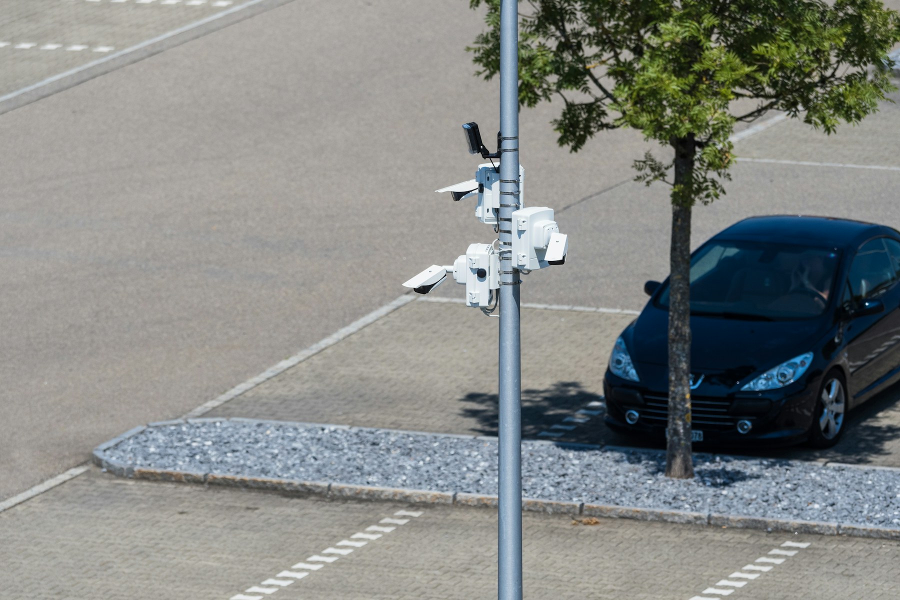 Security cameras monitoring vehicles in a parking area
